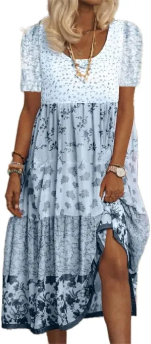 Boho Floral Print Maxi Dress for Women Summer Casual Crewneck Colorful Flowy Tiered Smocked Long Dresses