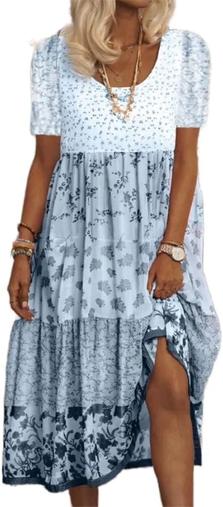 Boho Floral Print Maxi Dress for Women Summer Casual Crewneck Colorful Flowy Tiered Smocked Long Dresses