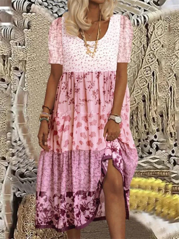 Boho Floral Print Maxi Dress for Women Summer Casual Crewneck Colorful Flowy Tiered Smocked Long Dresses