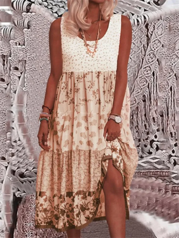 Boho Floral Print Maxi Dress for Women Summer Casual Crewneck Colorful Flowy Tiered Smocked Long Dresses
