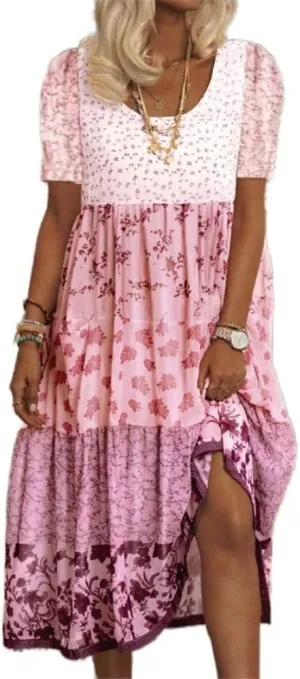 Boho Floral Print Maxi Dress for Women Summer Casual Crewneck Colorful Flowy Tiered Smocked Long Dresses