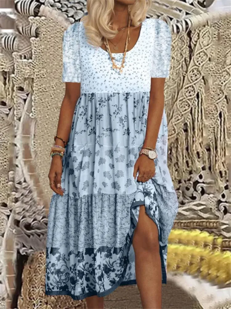 Boho Floral Print Maxi Dress for Women Summer Casual Crewneck Colorful Flowy Tiered Smocked Long Dresses