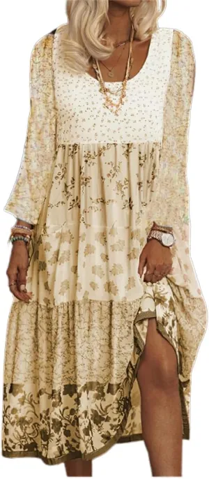 Boho Floral Print Maxi Dress for Women Summer Casual Crewneck Colorful Flowy Tiered Smocked Long Dresses