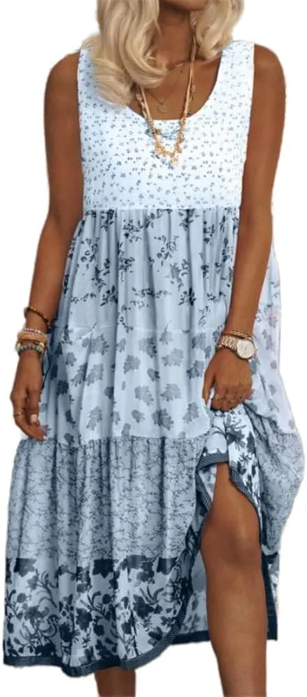 Boho Floral Print Maxi Dress for Women Summer Casual Crewneck Colorful Flowy Tiered Smocked Long Dresses