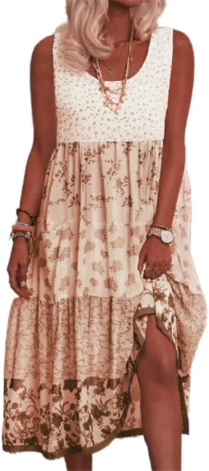 Boho Floral Print Maxi Dress for Women Summer Casual Crewneck Colorful Flowy Tiered Smocked Long Dresses