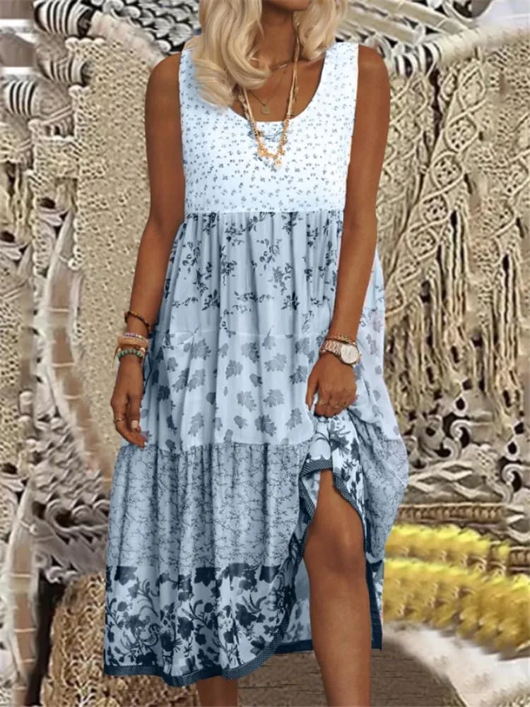 Boho Floral Print Maxi Dress for Women Summer Casual Crewneck Colorful Flowy Tiered Smocked Long Dresses