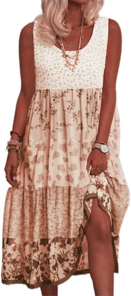 Boho Floral Print Maxi Dress for Women Summer Casual Crewneck Colorful Flowy Tiered Smocked Long Dresses
