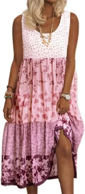 Boho Floral Print Maxi Dress for Women Summer Casual Crewneck Colorful Flowy Tiered Smocked Long Dresses