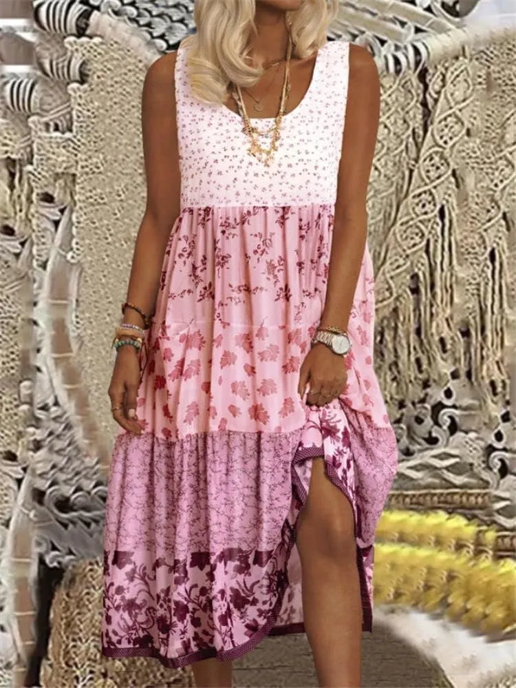 Boho Floral Print Maxi Dress for Women Summer Casual Crewneck Colorful Flowy Tiered Smocked Long Dresses