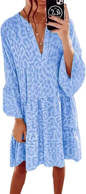 Boho Print Tiered Smocked Short Dress for Women Summer Casual V Neck Ruffle Long Sleeve Loose Midi Dresses
