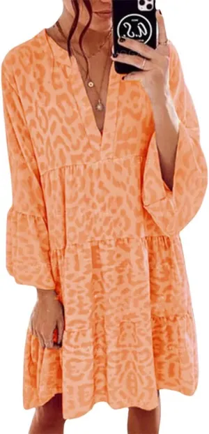 Boho Print Tiered Smocked Short Dress for Women Summer Casual V Neck Ruffle Long Sleeve Loose Midi Dresses