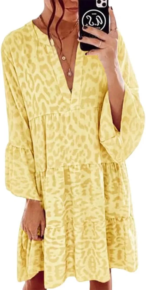 Boho Print Tiered Smocked Short Dress for Women Summer Casual V Neck Ruffle Long Sleeve Loose Midi Dresses