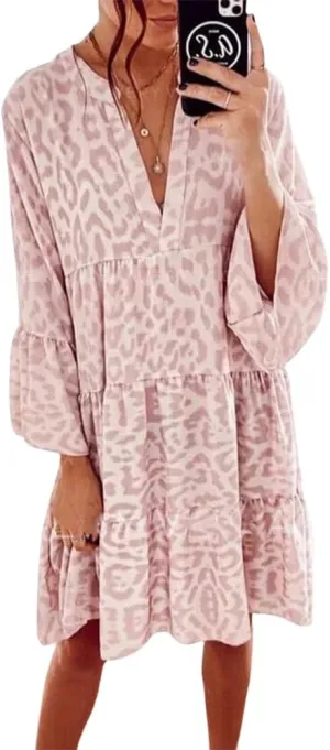Boho Print Tiered Smocked Short Dress for Women Summer Casual V Neck Ruffle Long Sleeve Loose Midi Dresses