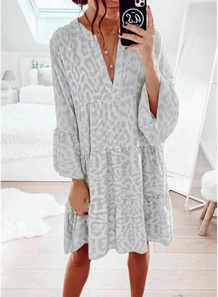 Boho Print Tiered Smocked Short Dress for Women Summer Casual V Neck Ruffle Long Sleeve Loose Midi Dresses