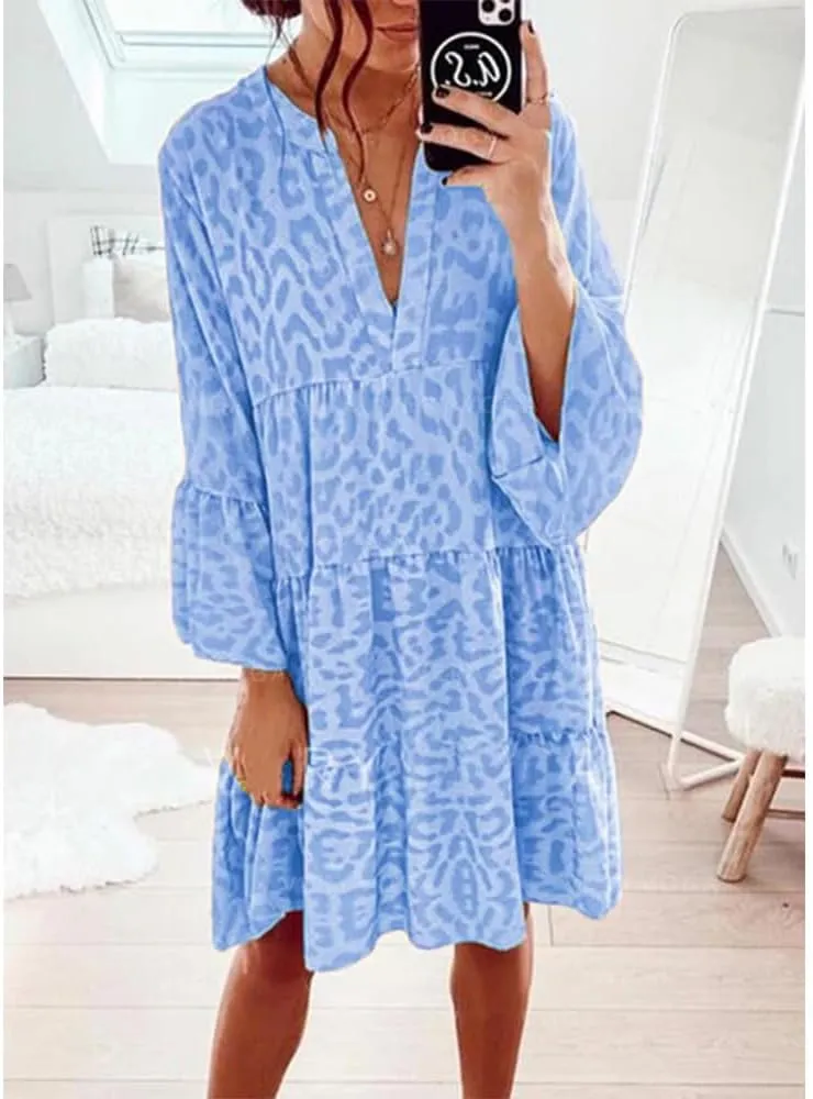 Boho Print Tiered Smocked Short Dress for Women Summer Casual V Neck Ruffle Long Sleeve Loose Midi Dresses