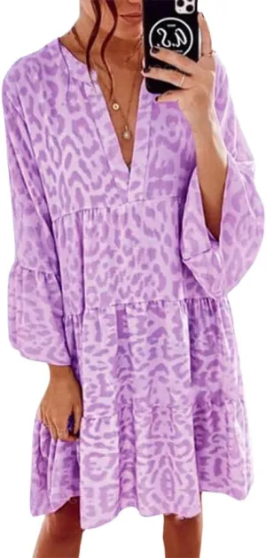 Boho Print Tiered Smocked Short Dress for Women Summer Casual V Neck Ruffle Long Sleeve Loose Midi Dresses
