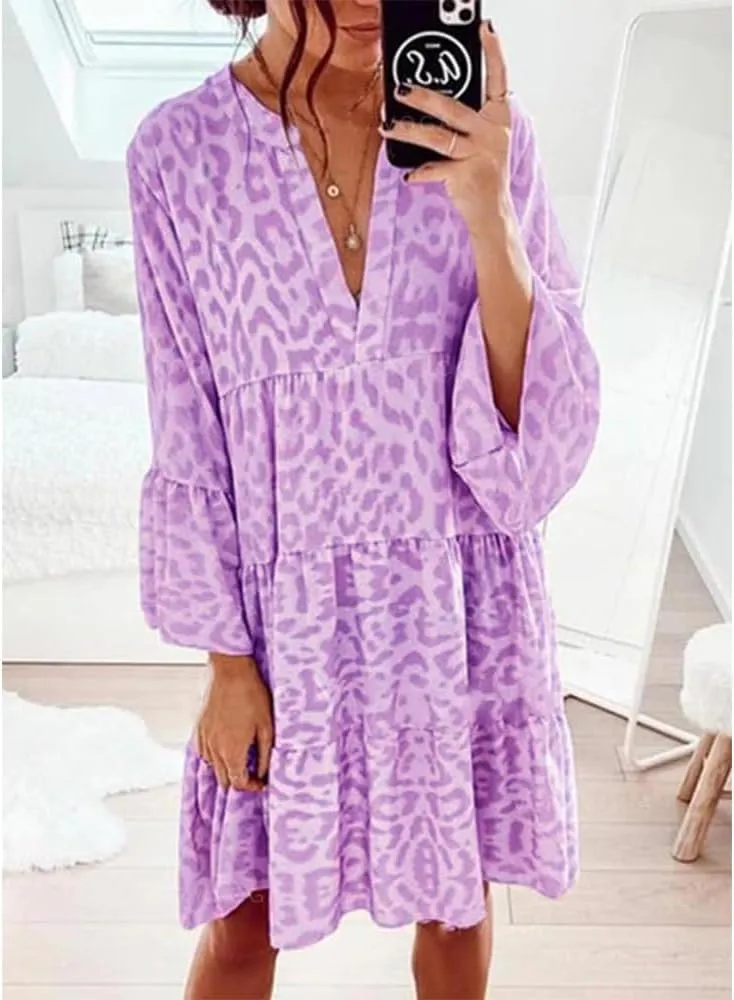 Boho Print Tiered Smocked Short Dress for Women Summer Casual V Neck Ruffle Long Sleeve Loose Midi Dresses