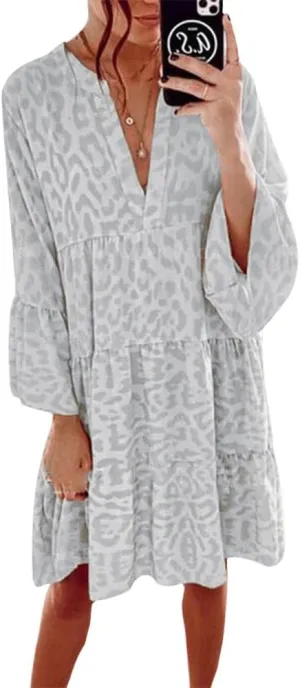 Boho Print Tiered Smocked Short Dress for Women Summer Casual V Neck Ruffle Long Sleeve Loose Midi Dresses
