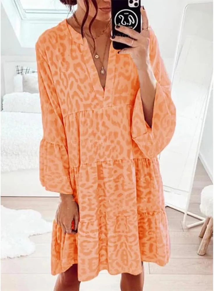 Boho Print Tiered Smocked Short Dress for Women Summer Casual V Neck Ruffle Long Sleeve Loose Midi Dresses