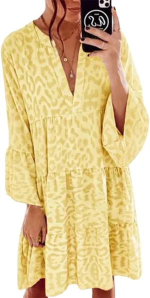 Boho Print Tiered Smocked Short Dress for Women Summer Casual V Neck Ruffle Long Sleeve Loose Midi Dresses