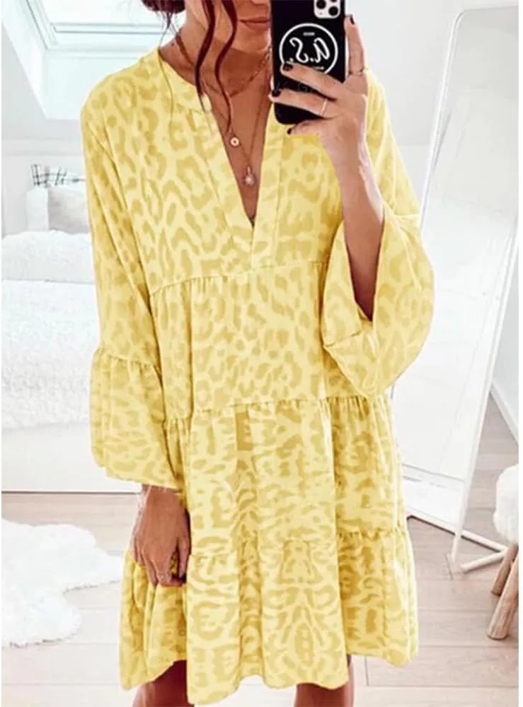 Boho Print Tiered Smocked Short Dress for Women Summer Casual V Neck Ruffle Long Sleeve Loose Midi Dresses
