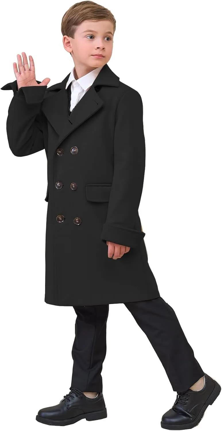 Boys Notch Lapel Double Breasted Jacket Long Trench Dress Coat Casual Classic Peacoat