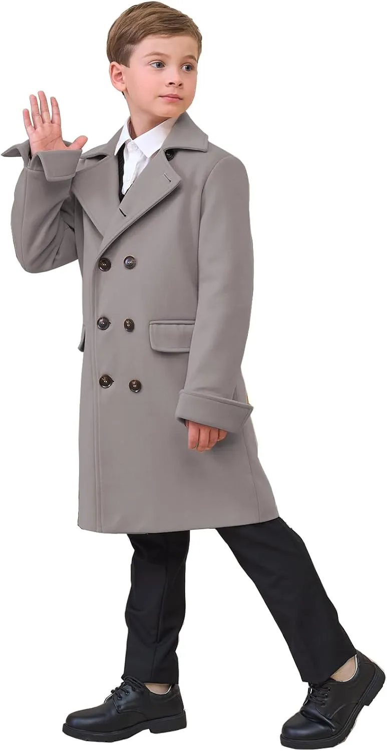 Boys Notch Lapel Double Breasted Jacket Long Trench Dress Coat Casual Classic Peacoat