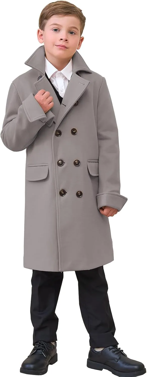 Boys Notch Lapel Double Breasted Jacket Long Trench Dress Coat Casual Classic Peacoat