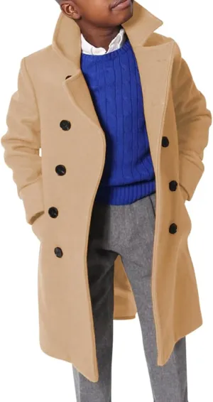 Boys Notch Lapel Double Breasted Jacket Long Trench Dress Coat Casual Classic Peacoat