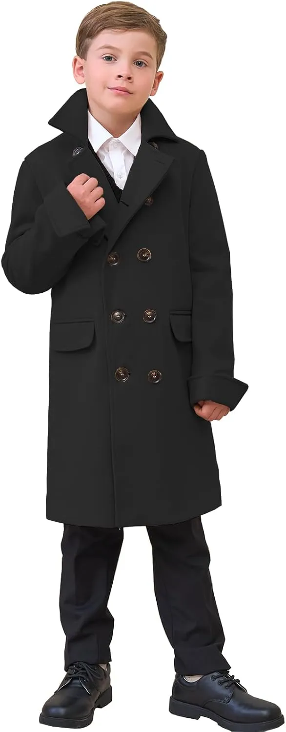 Boys Notch Lapel Double Breasted Jacket Long Trench Dress Coat Casual Classic Peacoat