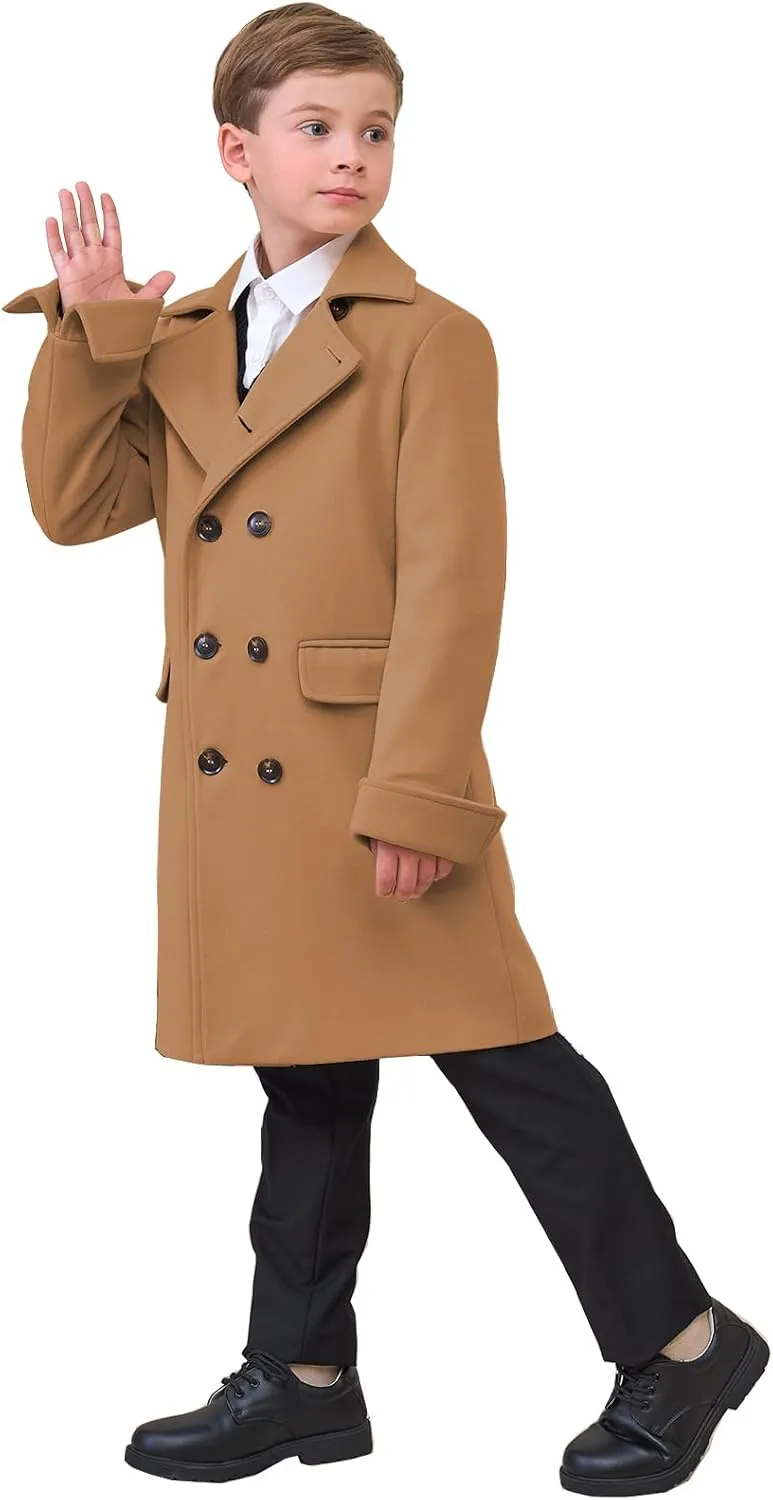 Boys Notch Lapel Double Breasted Jacket Long Trench Dress Coat Casual Classic Peacoat