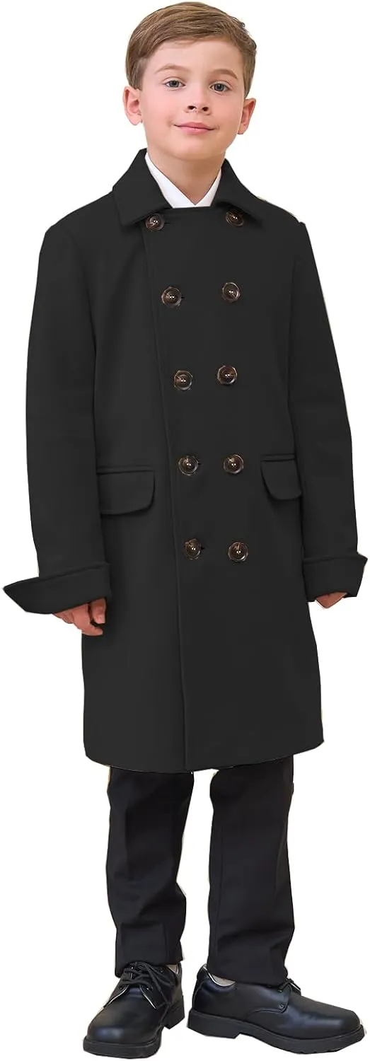 Boys Notch Lapel Double Breasted Jacket Long Trench Dress Coat Casual Classic Peacoat