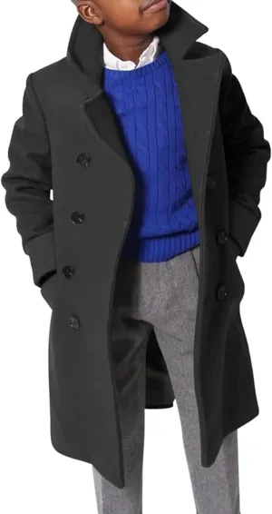 Boys Notch Lapel Double Breasted Jacket Long Trench Dress Coat Casual Classic Peacoat