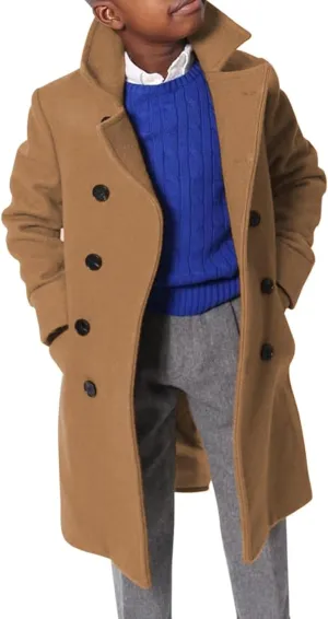 Boys Notch Lapel Double Breasted Jacket Long Trench Dress Coat Casual Classic Peacoat
