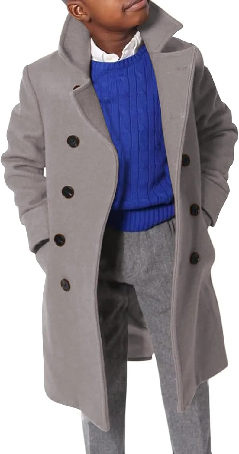 Boys Notch Lapel Double Breasted Jacket Long Trench Dress Coat Casual Classic Peacoat