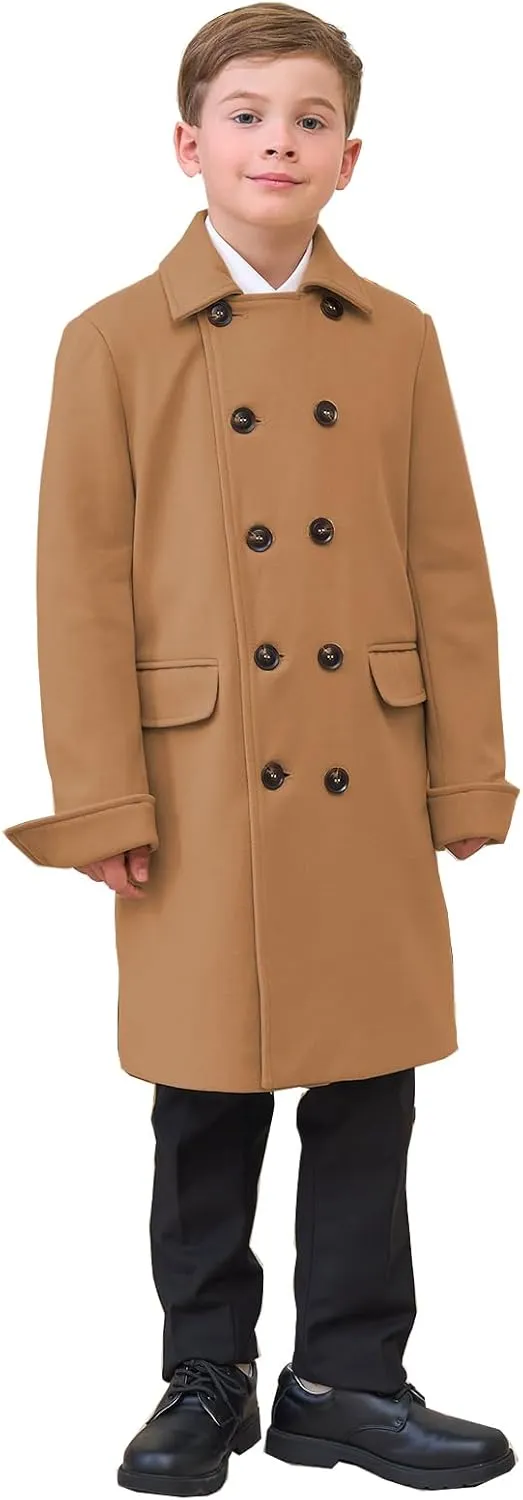 Boys Notch Lapel Double Breasted Jacket Long Trench Dress Coat Casual Classic Peacoat
