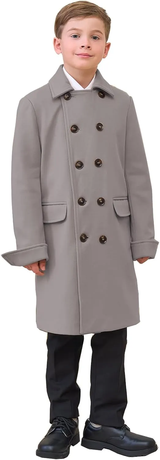 Boys Notch Lapel Double Breasted Jacket Long Trench Dress Coat Casual Classic Peacoat