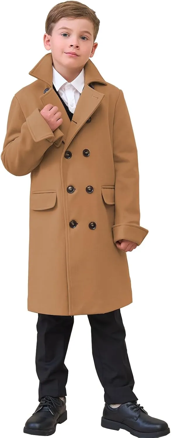 Boys Notch Lapel Double Breasted Jacket Long Trench Dress Coat Casual Classic Peacoat