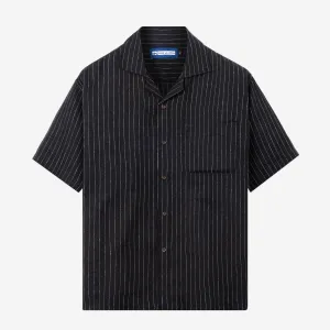 Breakfast Club Short Sleeve Camp Collar Shirt - Black Stripes