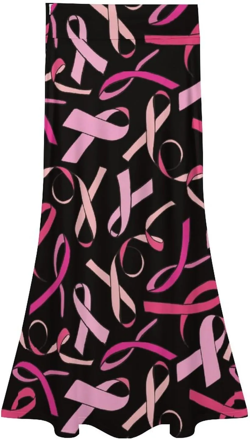 Breast Cancer Ribbon Women's Fashion Printed High Waist Flared Long Skirt
