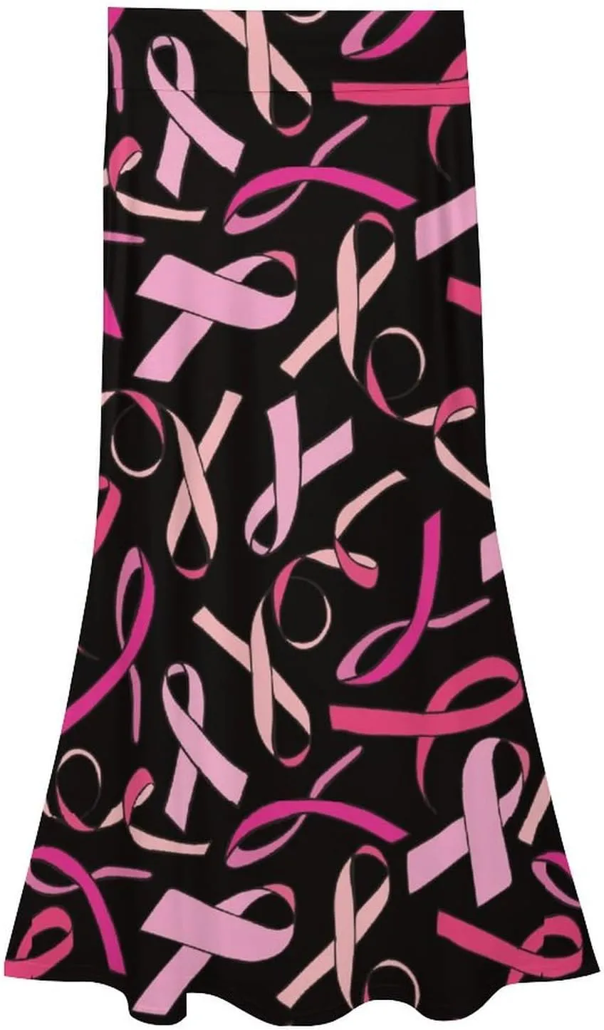 Breast Cancer Ribbon Women's Fashion Printed High Waist Flared Long Skirt