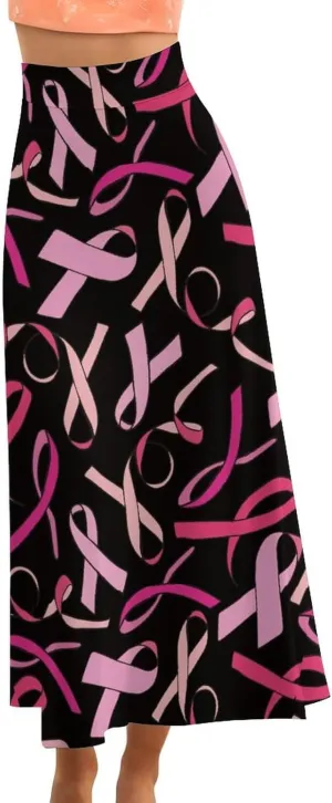 Breast Cancer Ribbon Women's Fashion Printed High Waist Flared Long Skirt
