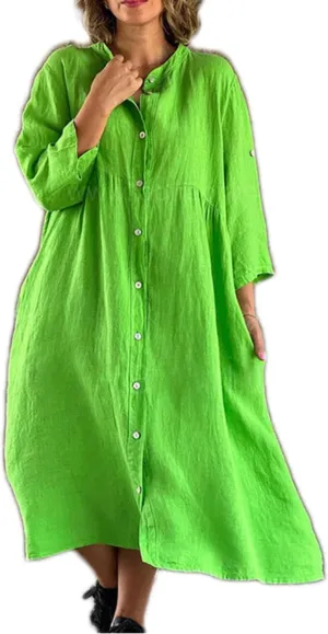 Button Down Cotton Linen Maxi Shirt Dress for Women Casual Stand Up Collar 3/4 Sleeve Tshirt Dresses with Pockets
