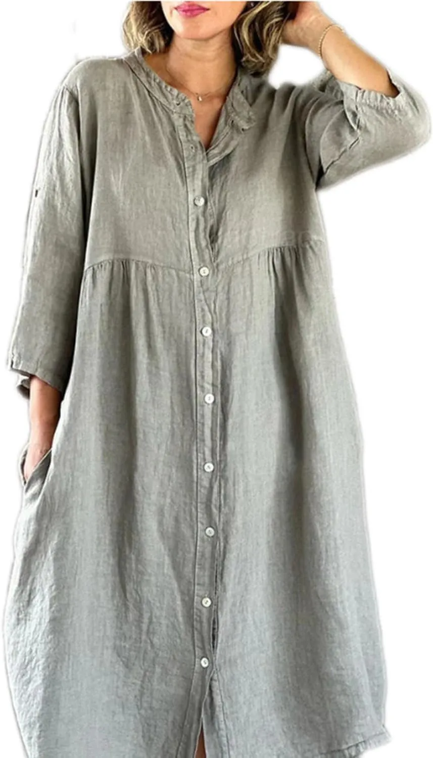 Button Down Cotton Linen Maxi Shirt Dress for Women Casual Stand Up Collar 3/4 Sleeve Tshirt Dresses with Pockets