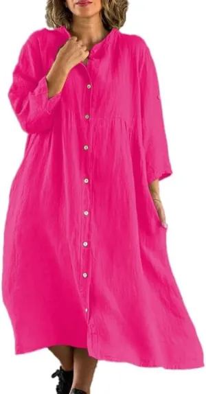 Button Down Cotton Linen Maxi Shirt Dress for Women Casual Stand Up Collar 3/4 Sleeve Tshirt Dresses with Pockets