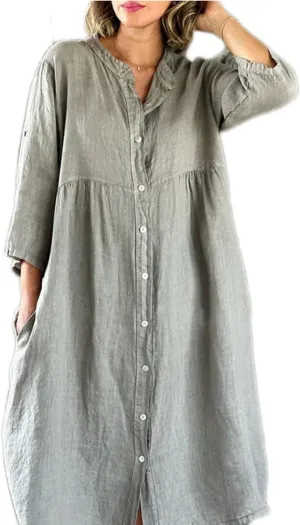 Button Down Cotton Linen Maxi Shirt Dress for Women Casual Stand Up Collar 3/4 Sleeve Tshirt Dresses with Pockets