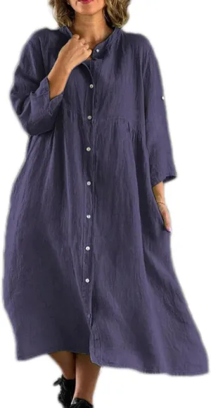 Button Down Cotton Linen Maxi Shirt Dress for Women Casual Stand Up Collar 3/4 Sleeve Tshirt Dresses with Pockets