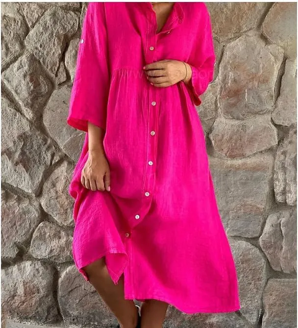 Button Down Cotton Linen Maxi Shirt Dress for Women Casual Stand Up Collar 3/4 Sleeve Tshirt Dresses with Pockets