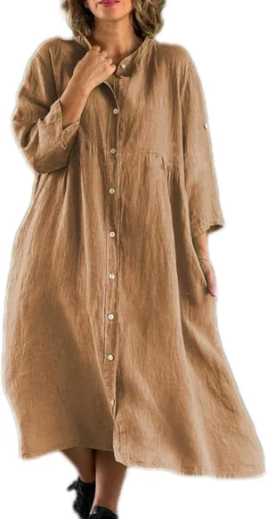 Button Down Cotton Linen Maxi Shirt Dress for Women Casual Stand Up Collar 3/4 Sleeve Tshirt Dresses with Pockets