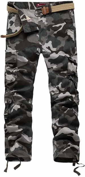 Camo Cargo Pants for Men Slim Fit Straight Leg Camouflage Tactical Panst Multi Pockets Outdoor Workwear No Belt